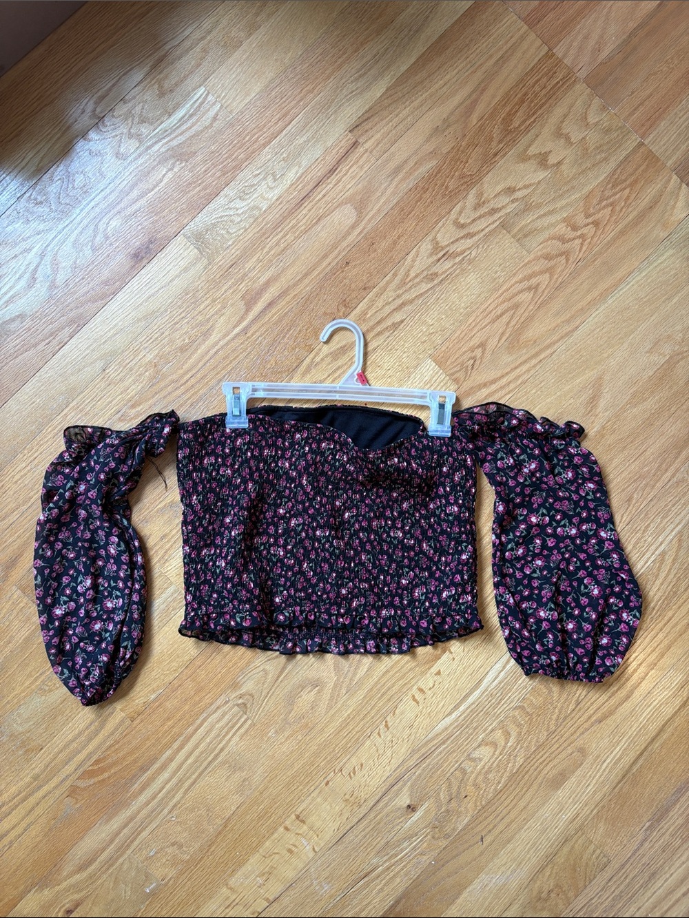 wild fable Black Floral Off-Shoulder Smocked Crop Top